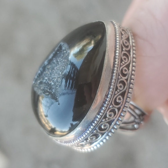 New Oversized Black Agate Druzy 925 Silver Ring. - Picture 6 of 16